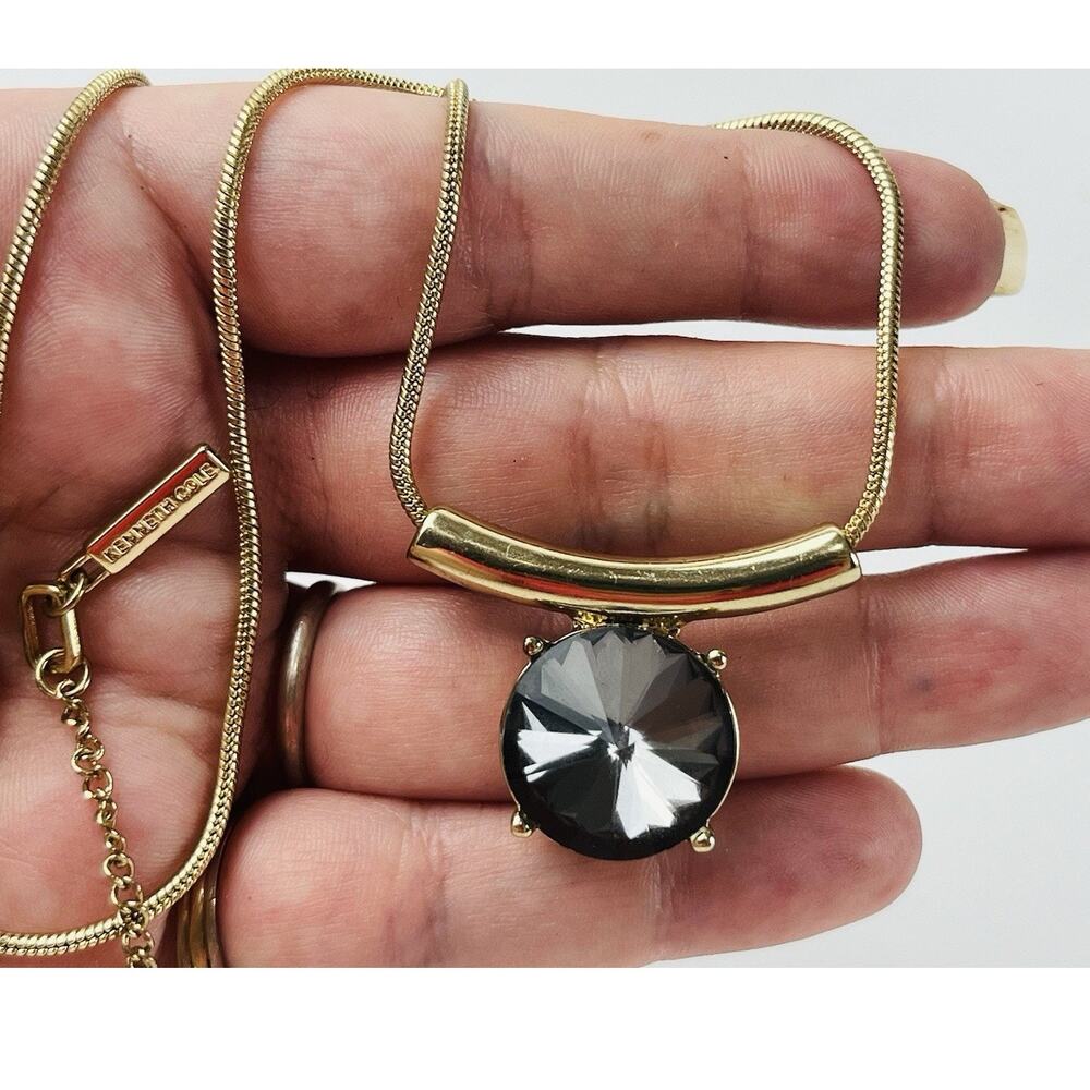 Vintage Modernist Gold Tone Necklace Slider Rope Chain Rhinestone Round Gray Cha
